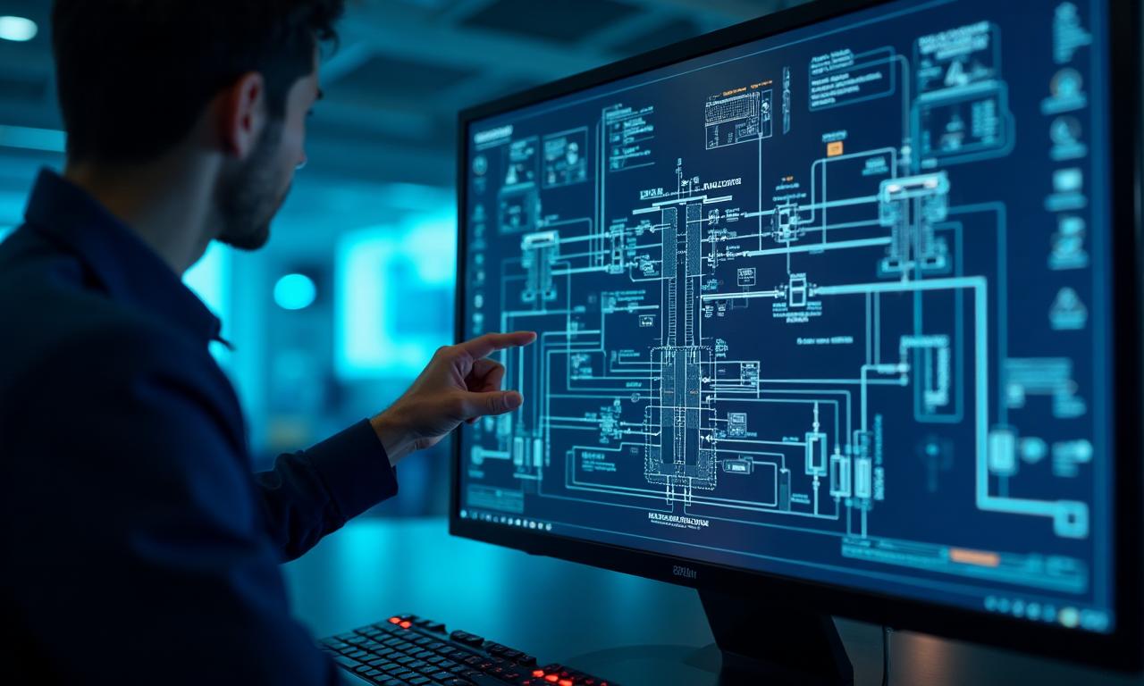 Engineer analysing power system schematics