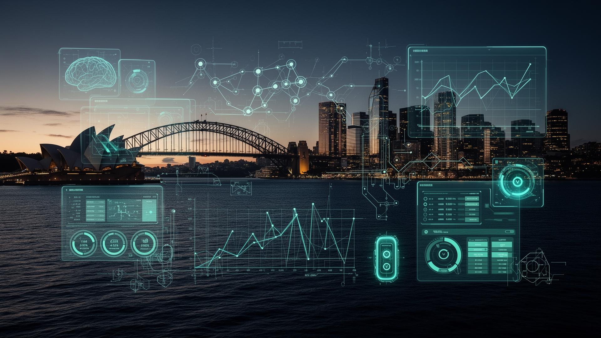 Australian skyline with AI and energy management visualizations